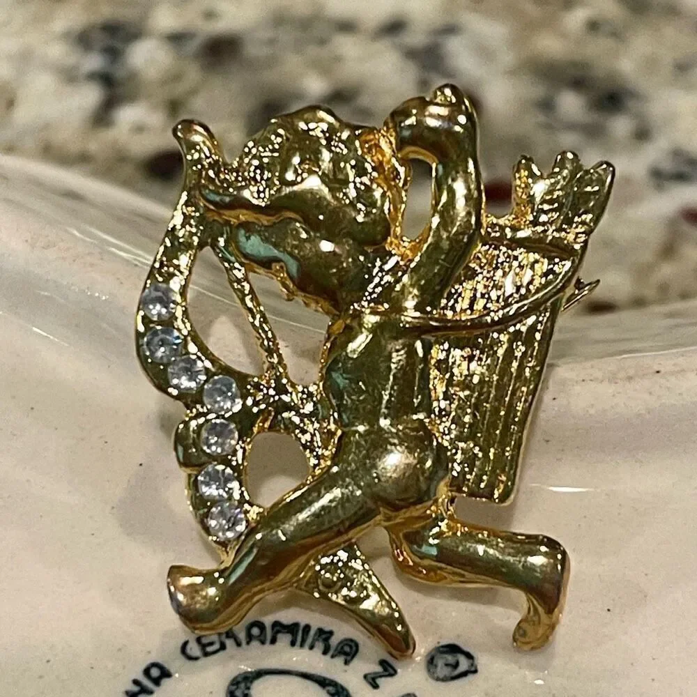 Vintage Gold Cherub Angel Brooch Womens Casual Crystal Rhinestone Fashion Pin